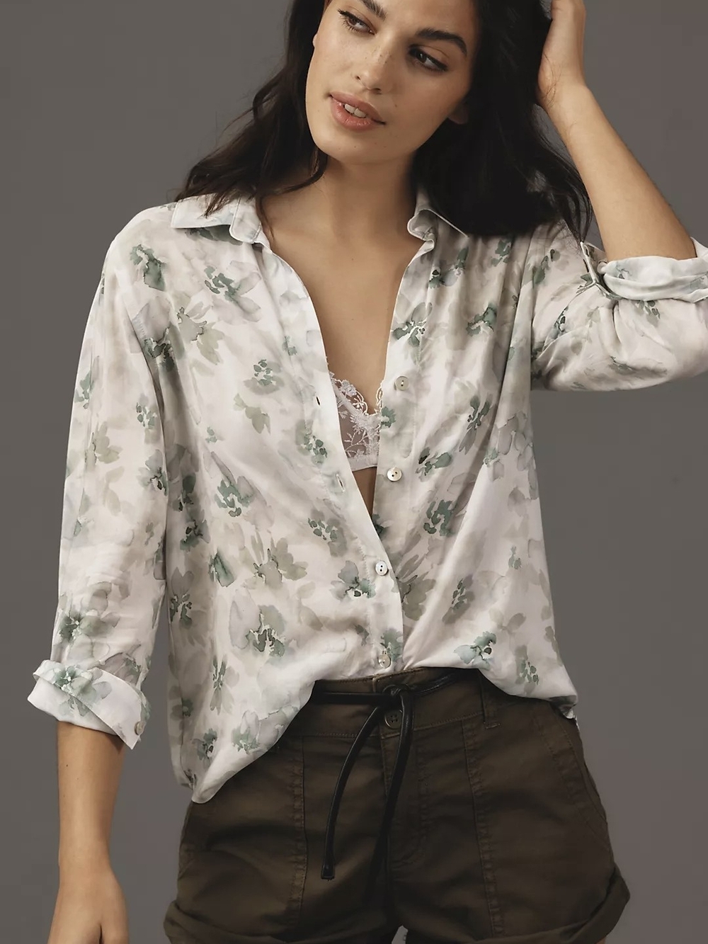 Cloth & Stone Floral Print Button-Up Shirt - White & Sage